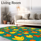 Playful Yellow Chickens Orange Flowers Rug