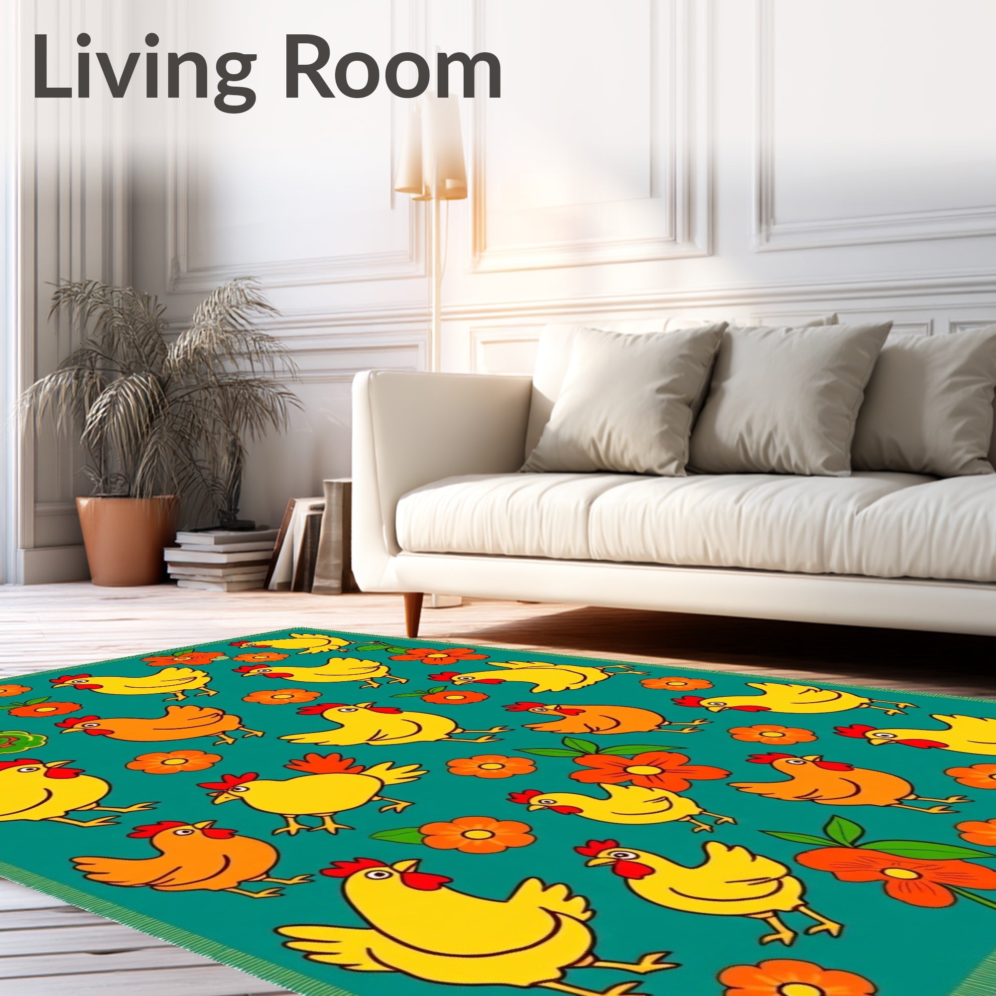 Playful Yellow Chickens Orange Flowers Rug