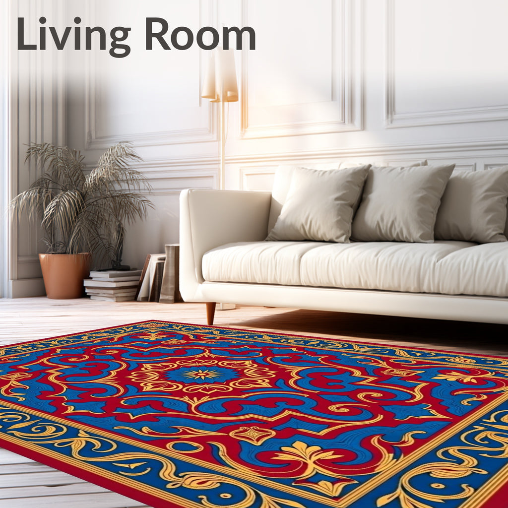 Classic Red Blue Golden Floral Medallion Rug