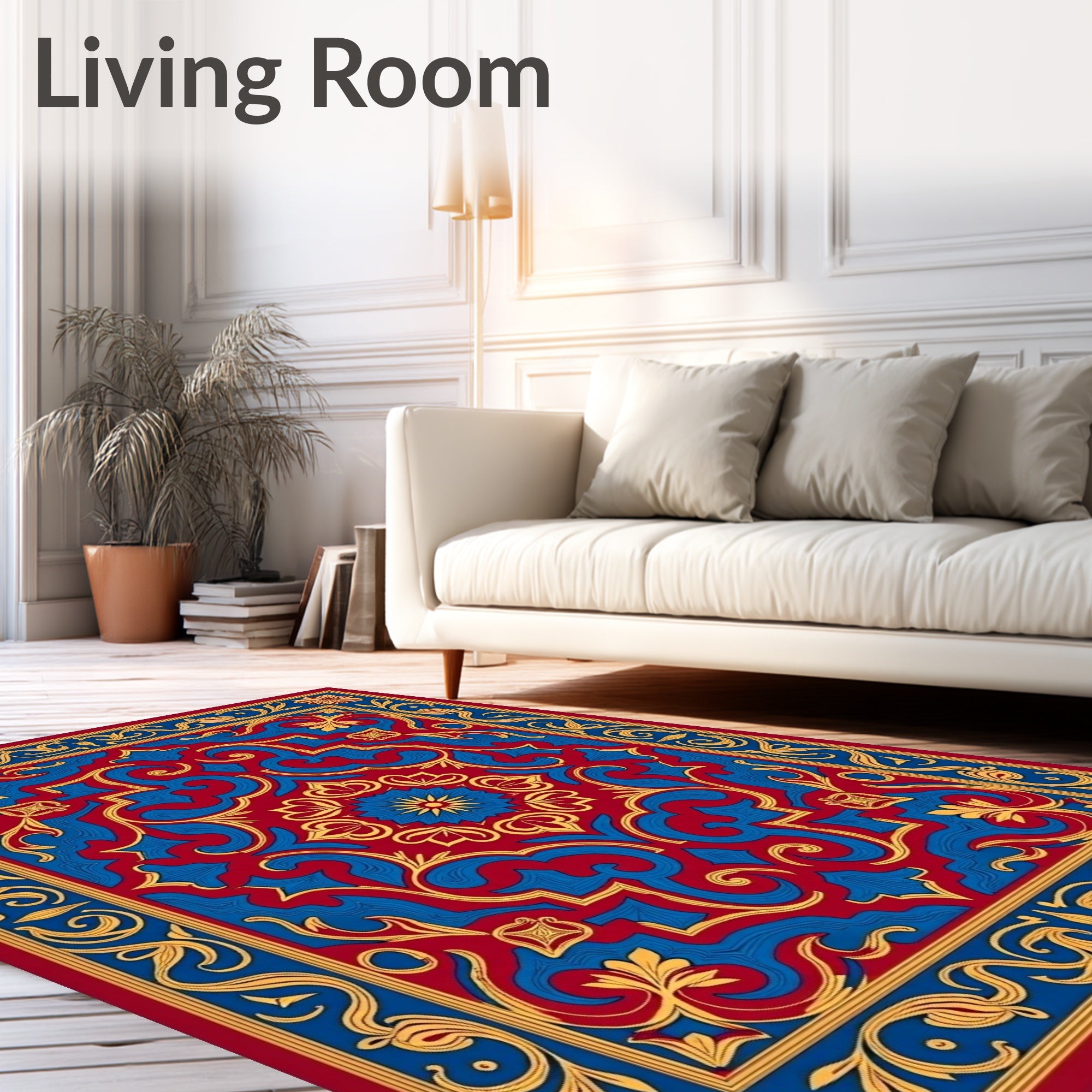 Classic Red Blue Golden Floral Medallion Rug