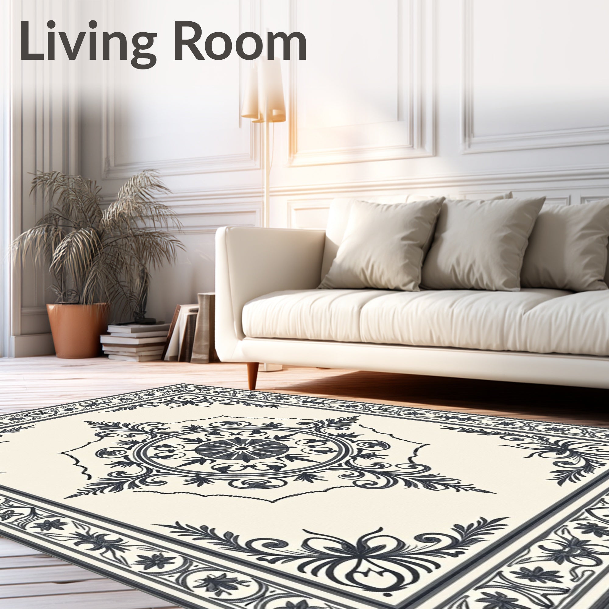 Dark Gray Scrollwork Medallion Cream Rug