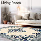 Deep Blue Floral Scroll Border Rug
