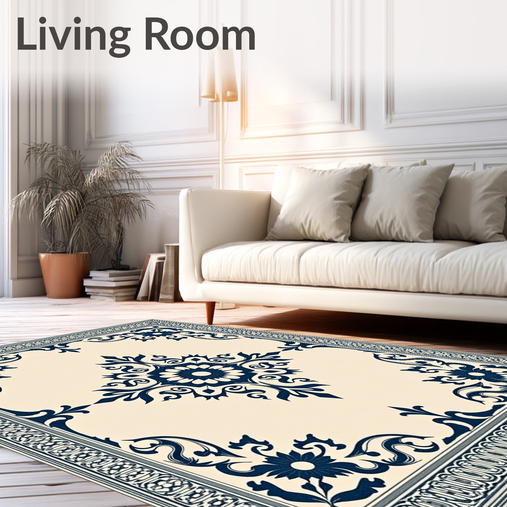 Deep Blue Floral Scroll Border Rug