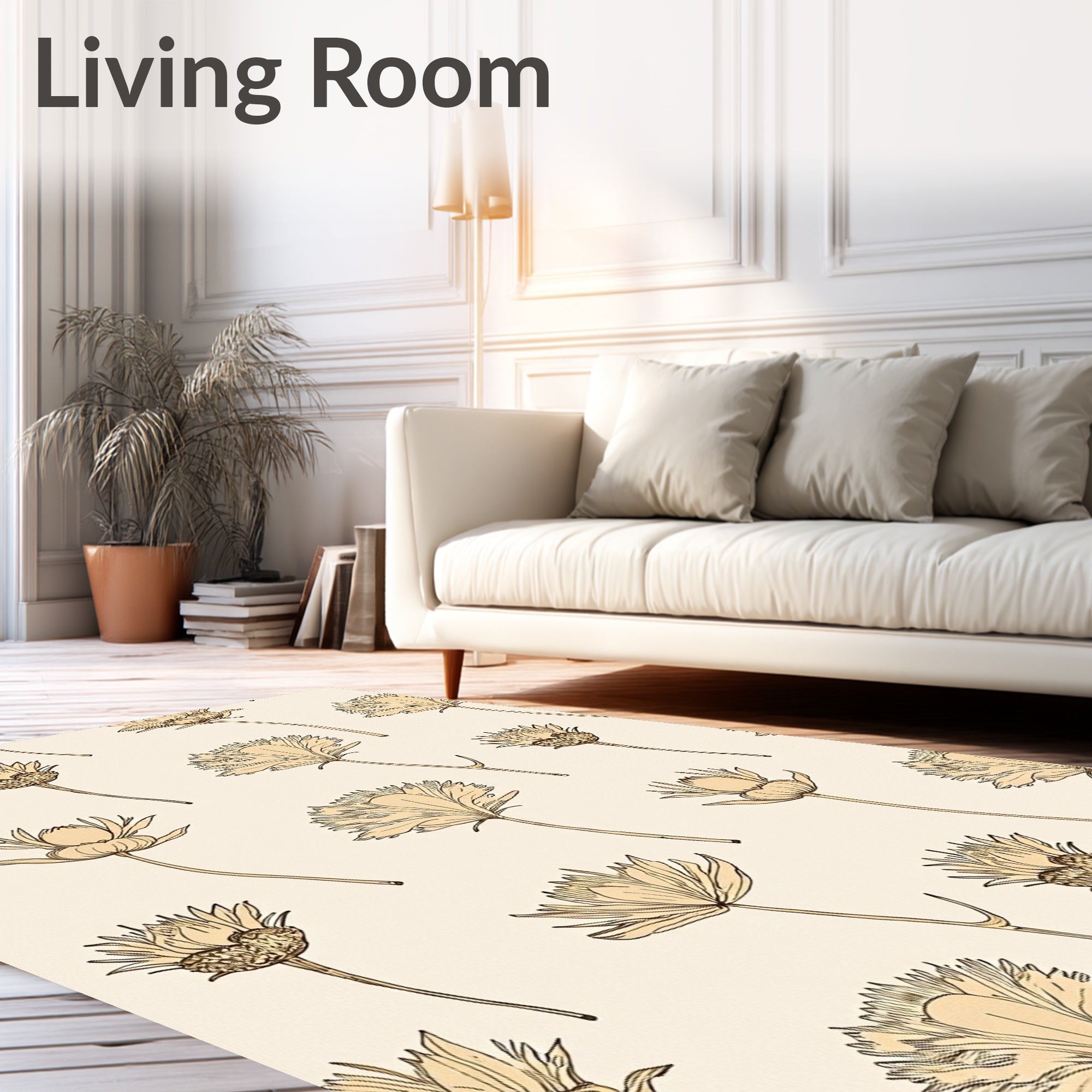 Tan Wildflower Line Art Rug