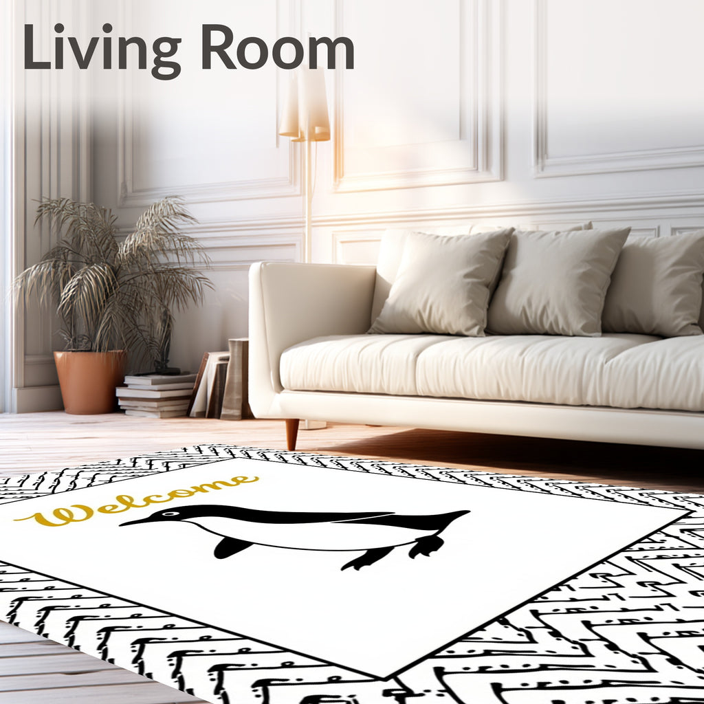 Black White Penguin Golden Welcome Art Rug