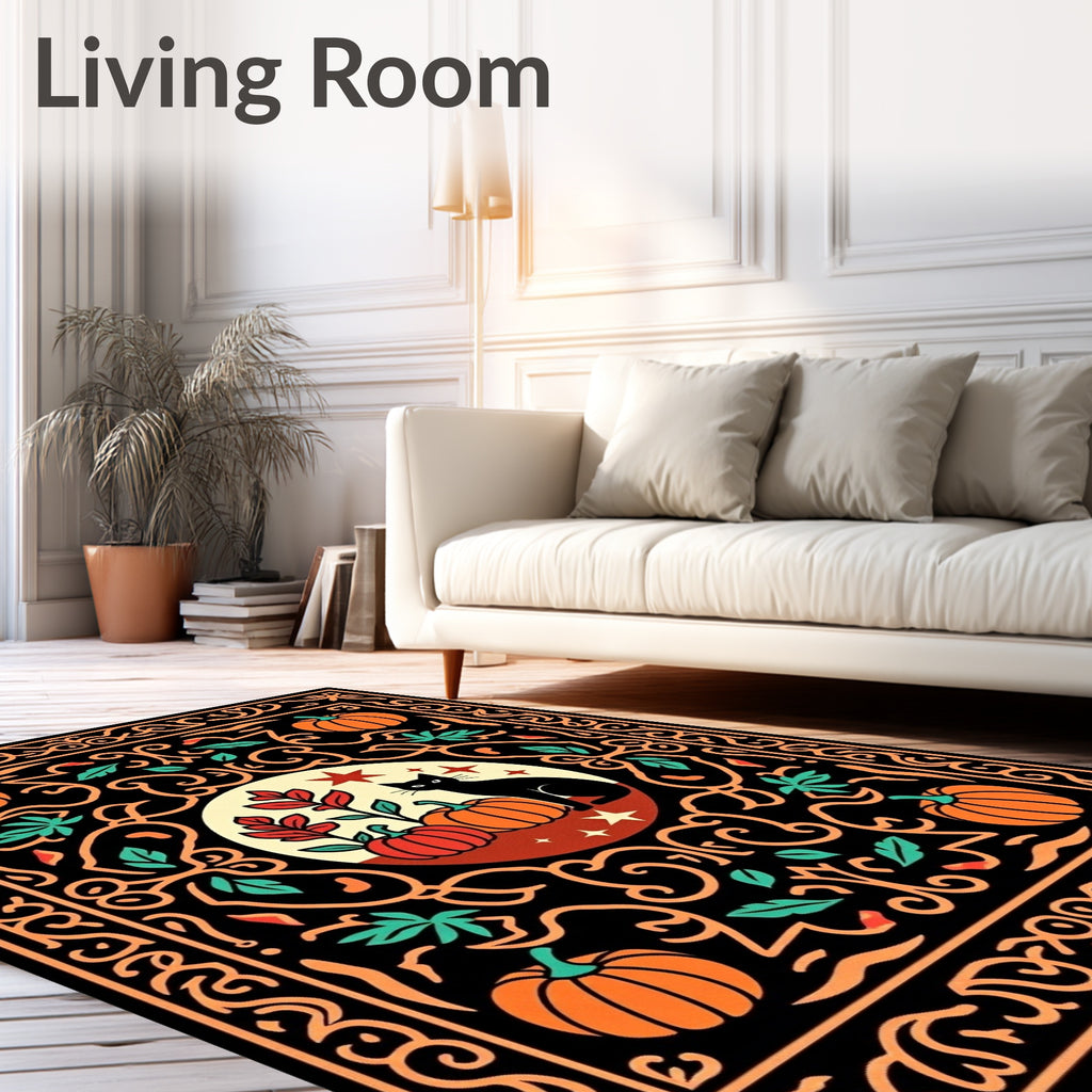 Black Cat Orange Pumpkin Halloween Scene Rug