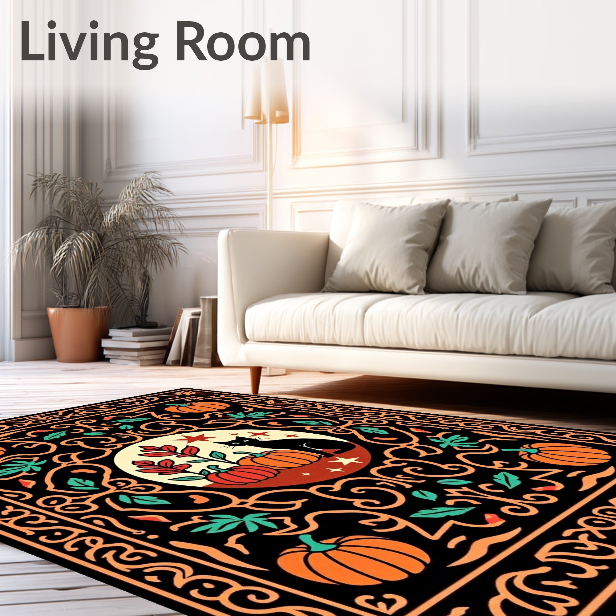 Black Cat Orange Pumpkin Halloween Scene Rug