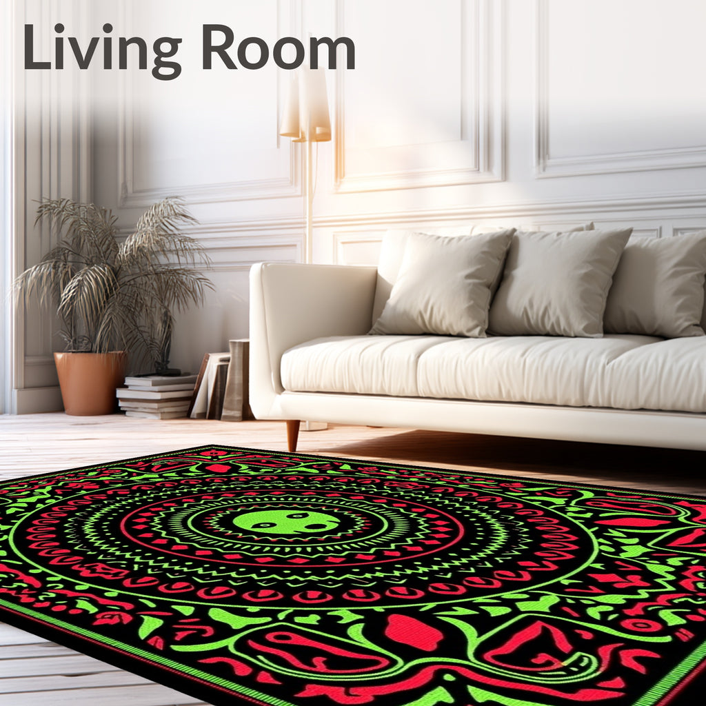 Radical Neon Green Red Mandala Rug