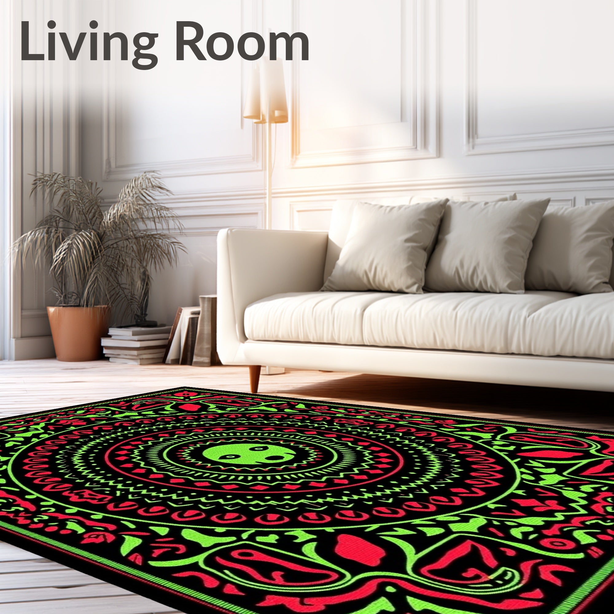 Radical Neon Green Red Mandala Rug