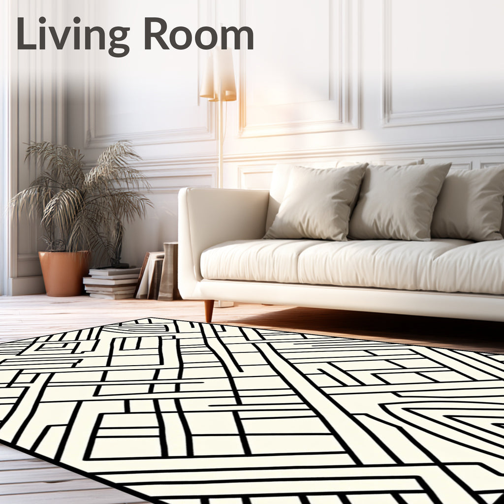 Cream Black Intersecting Geometric Lines Rug