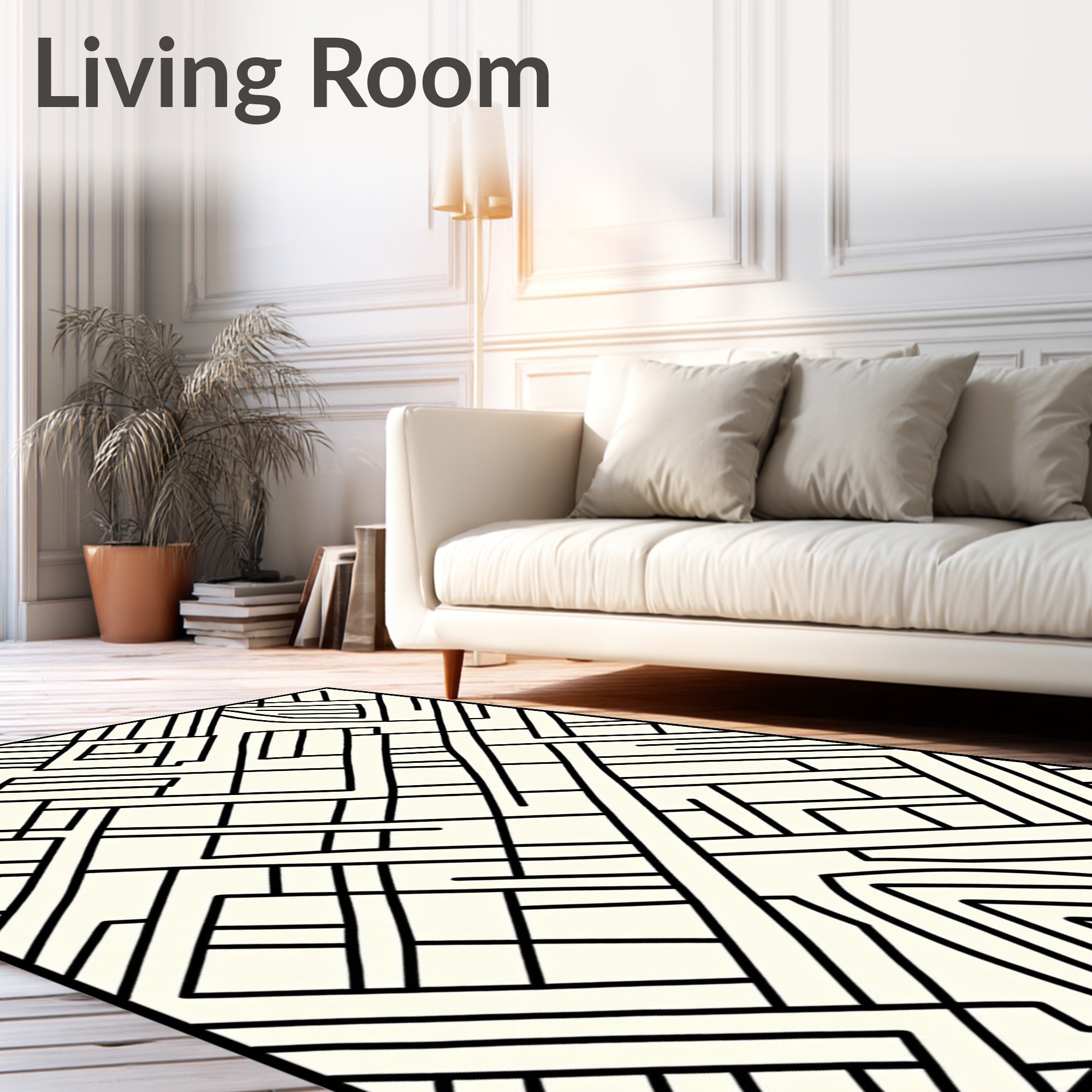 Cream Black Intersecting Geometric Lines Rug