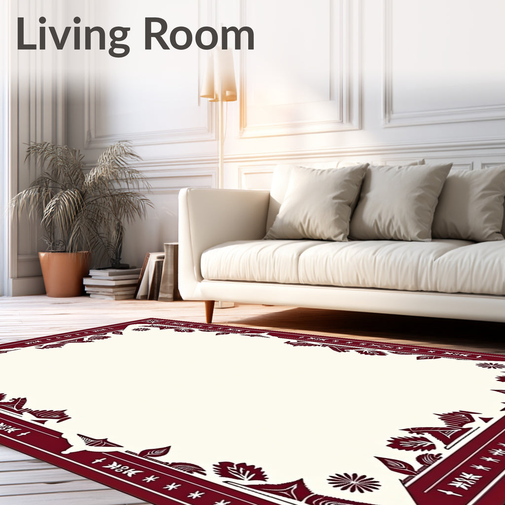 Crimson Floral and Star Border Rug