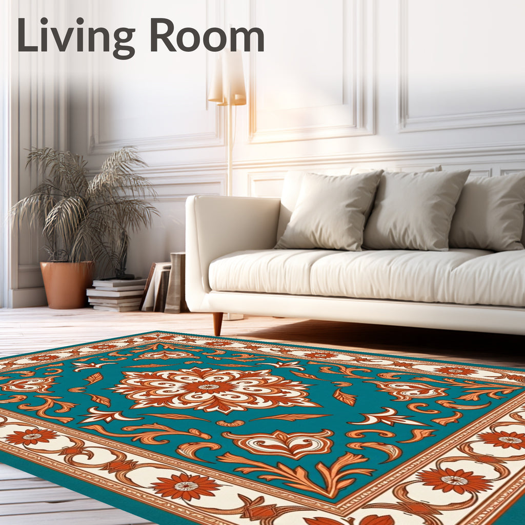 Teal Orange Floral Medallion Border Rug