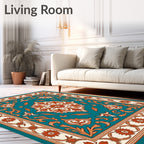 Teal Orange Floral Medallion Border Rug