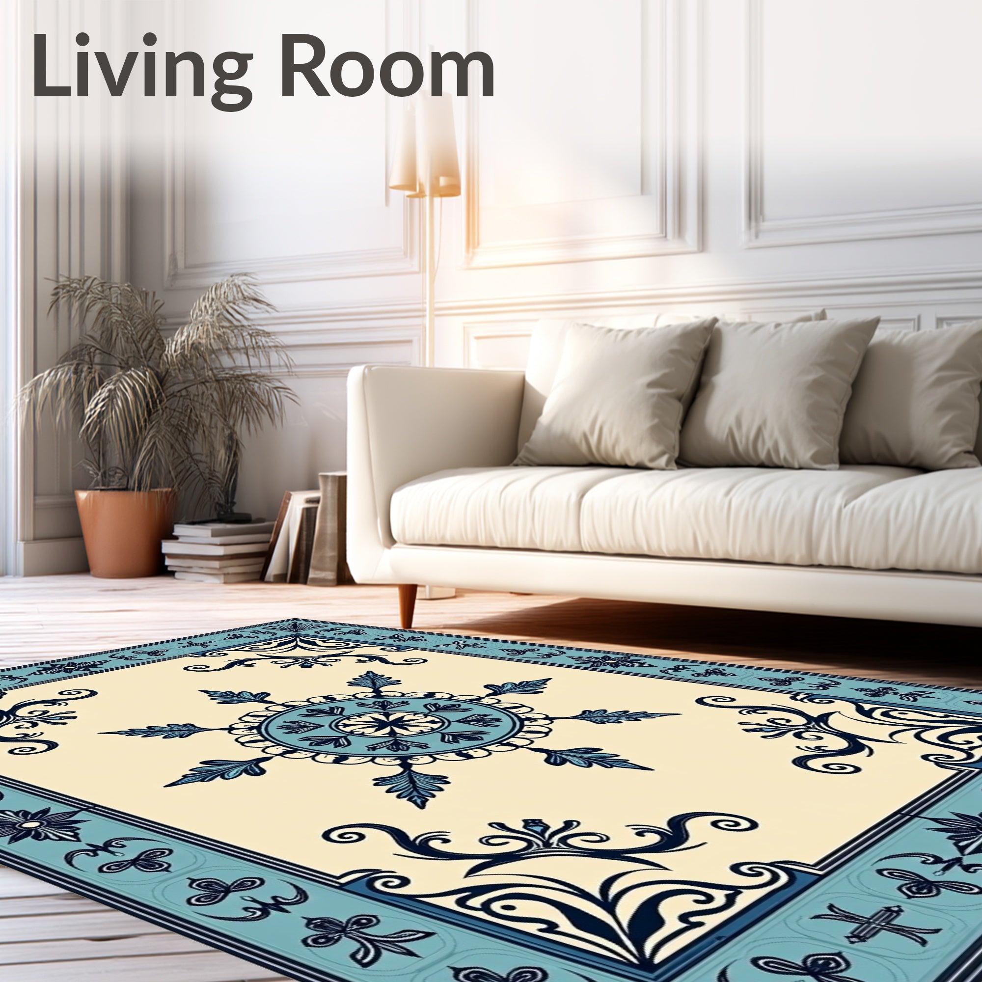 Aqua Navy Floral Medallion Border Rug