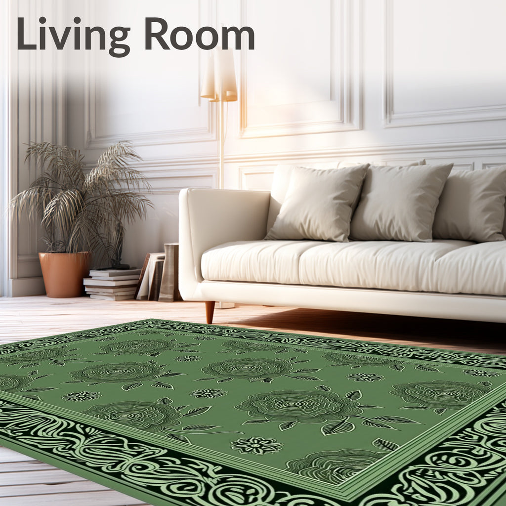 Lush Green Floral Border Rug