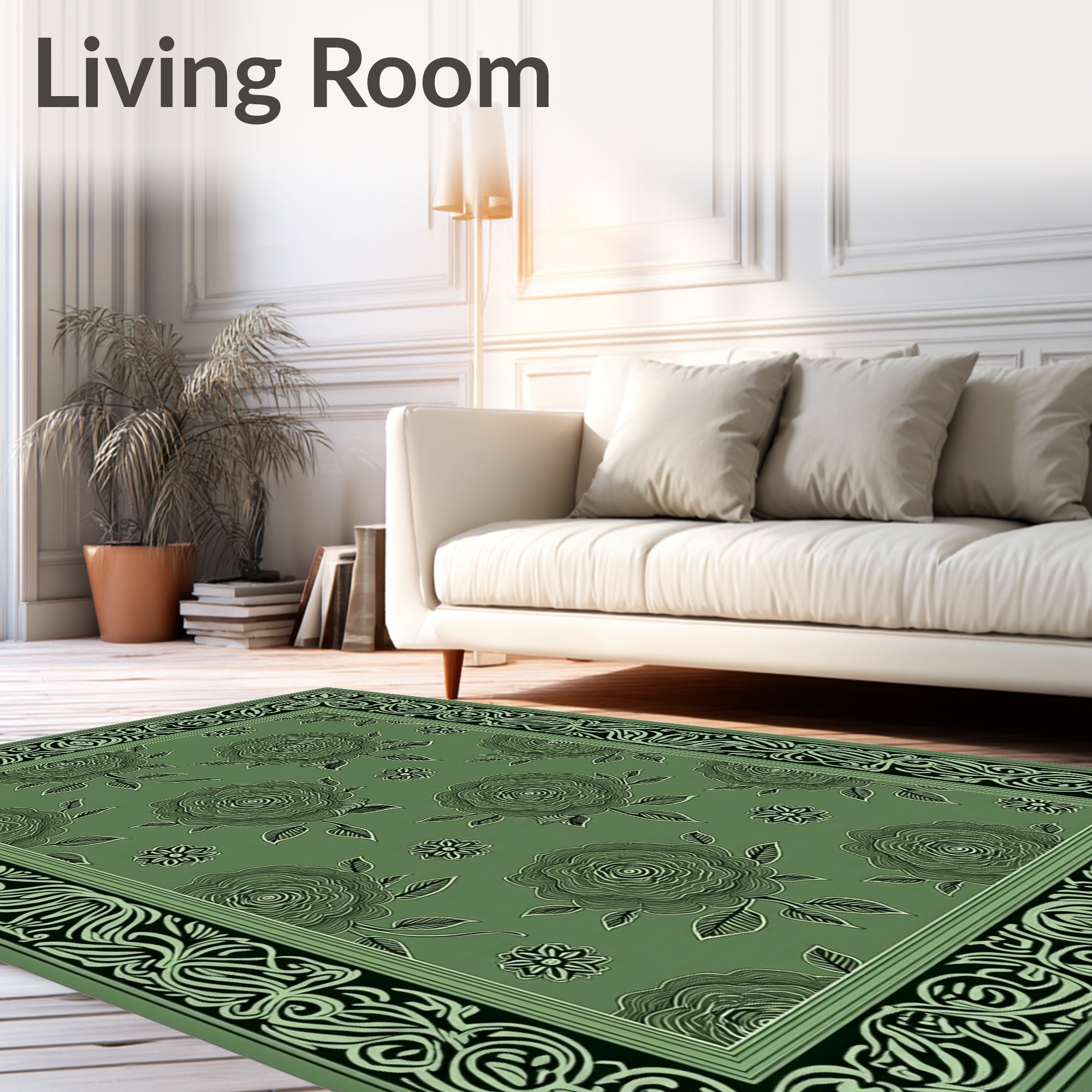 Lush Green Floral Border Rug