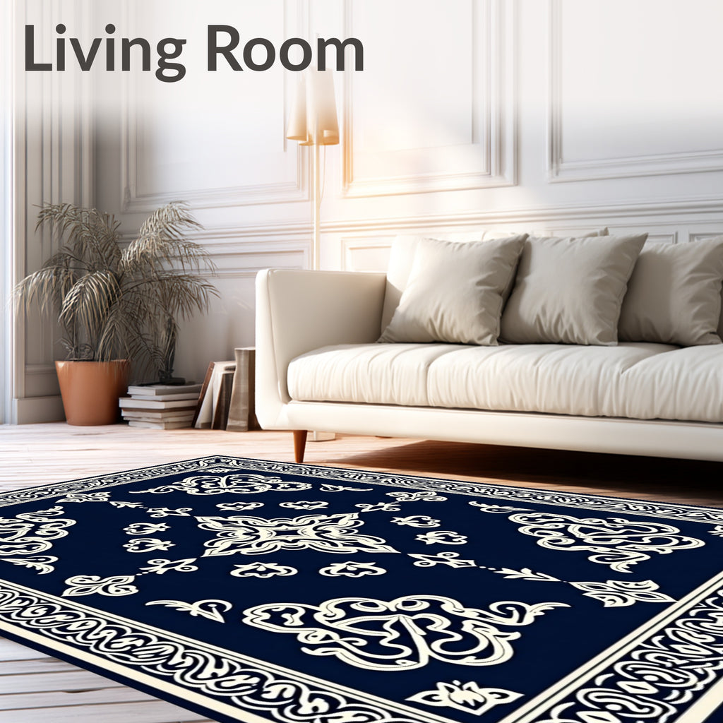Navy Cream Intricate Scroll Medallion Rug