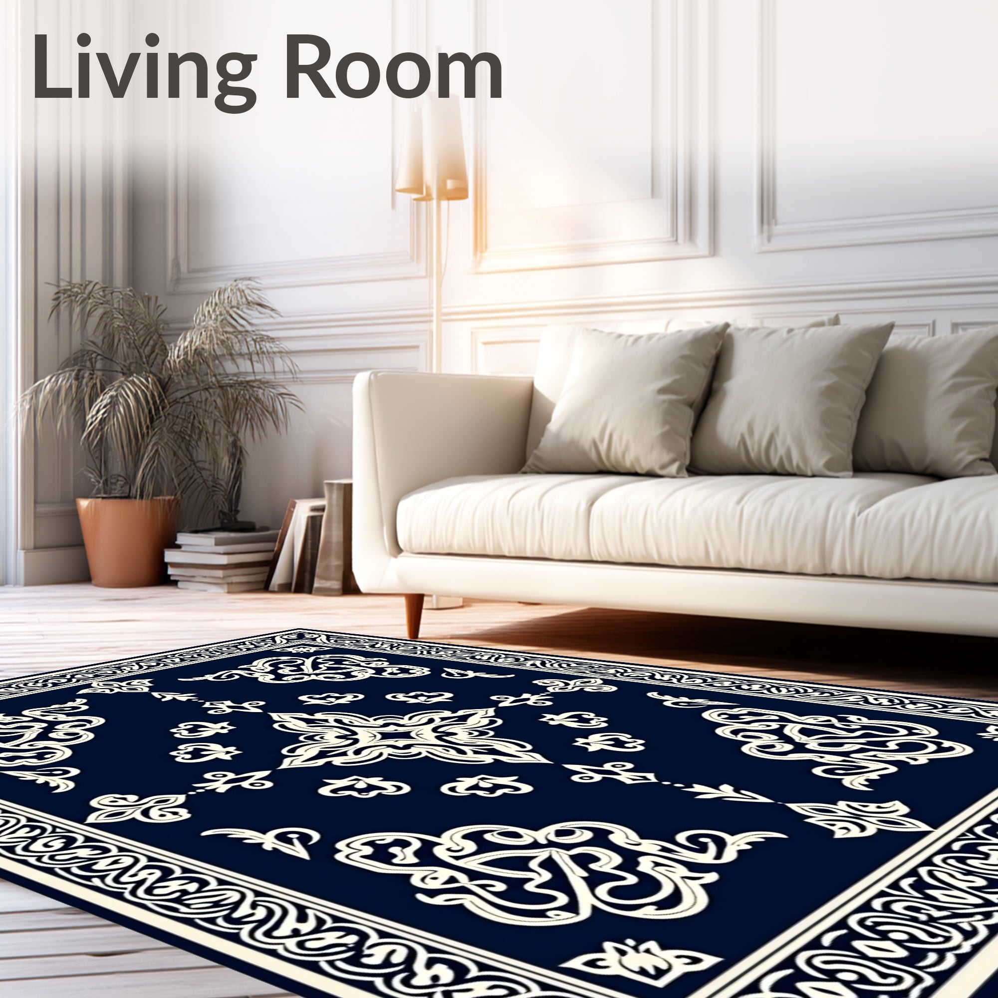 Navy Cream Intricate Scroll Medallion Rug