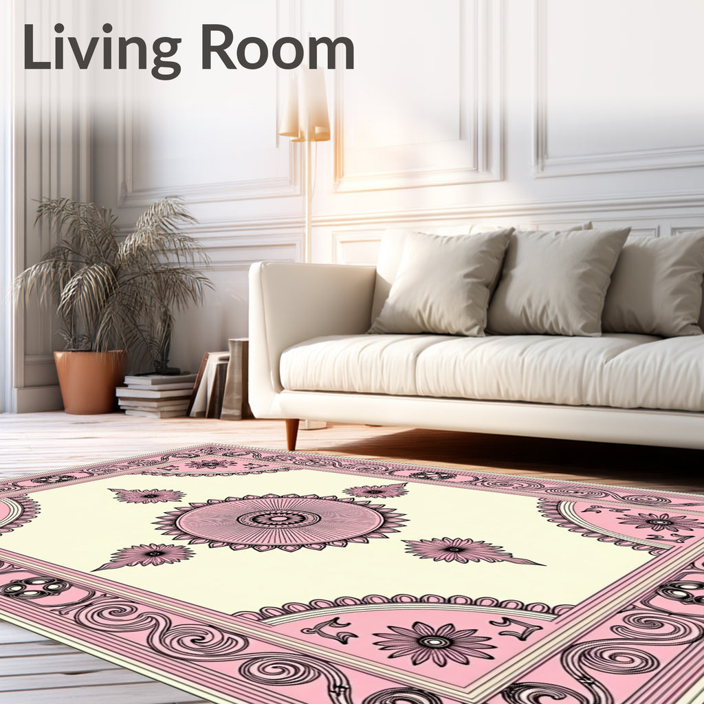 Pink Cream Floral Medallion Border Rug