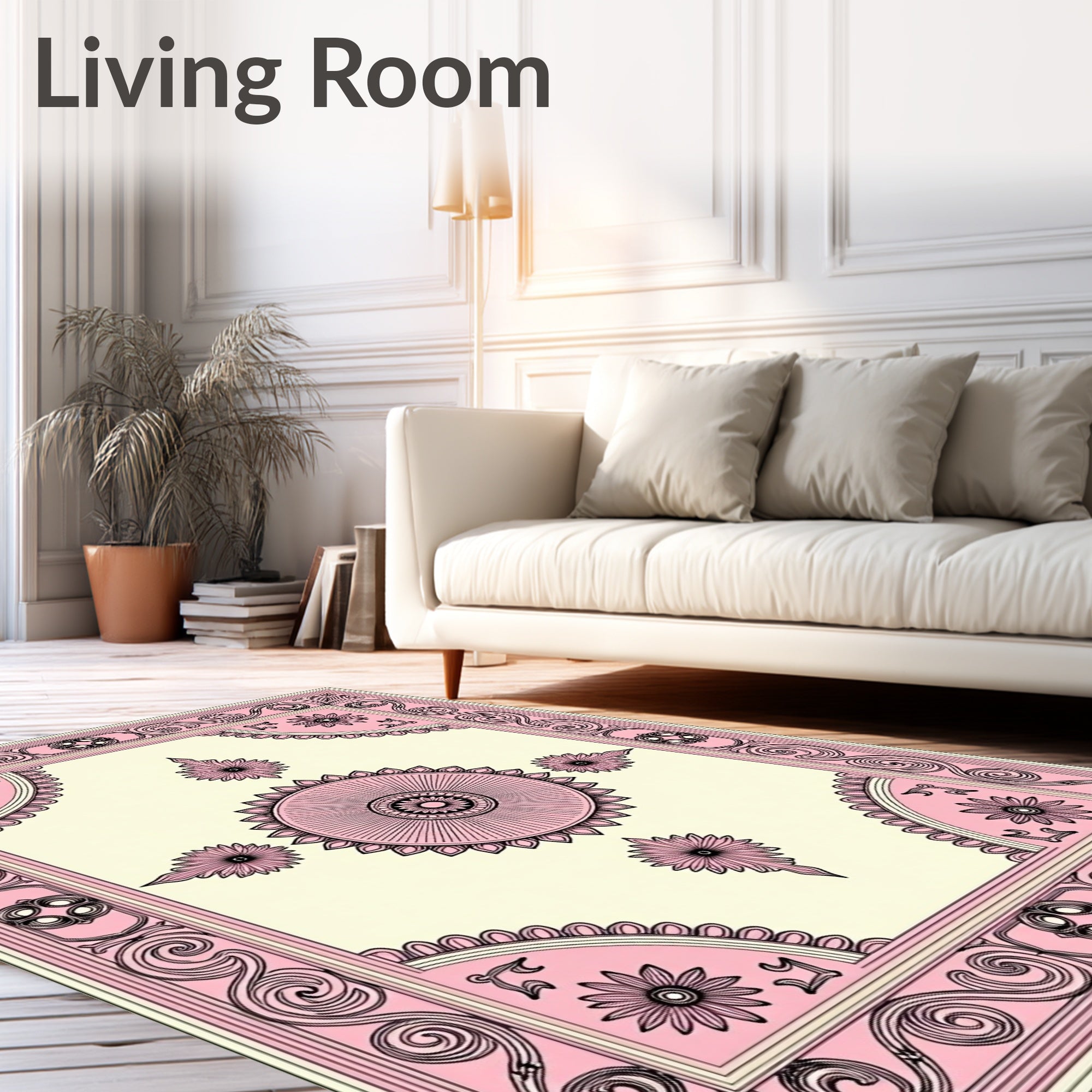 Pink Cream Floral Medallion Border Rug
