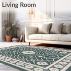 Deep Teal White Floral Arabesque Rug