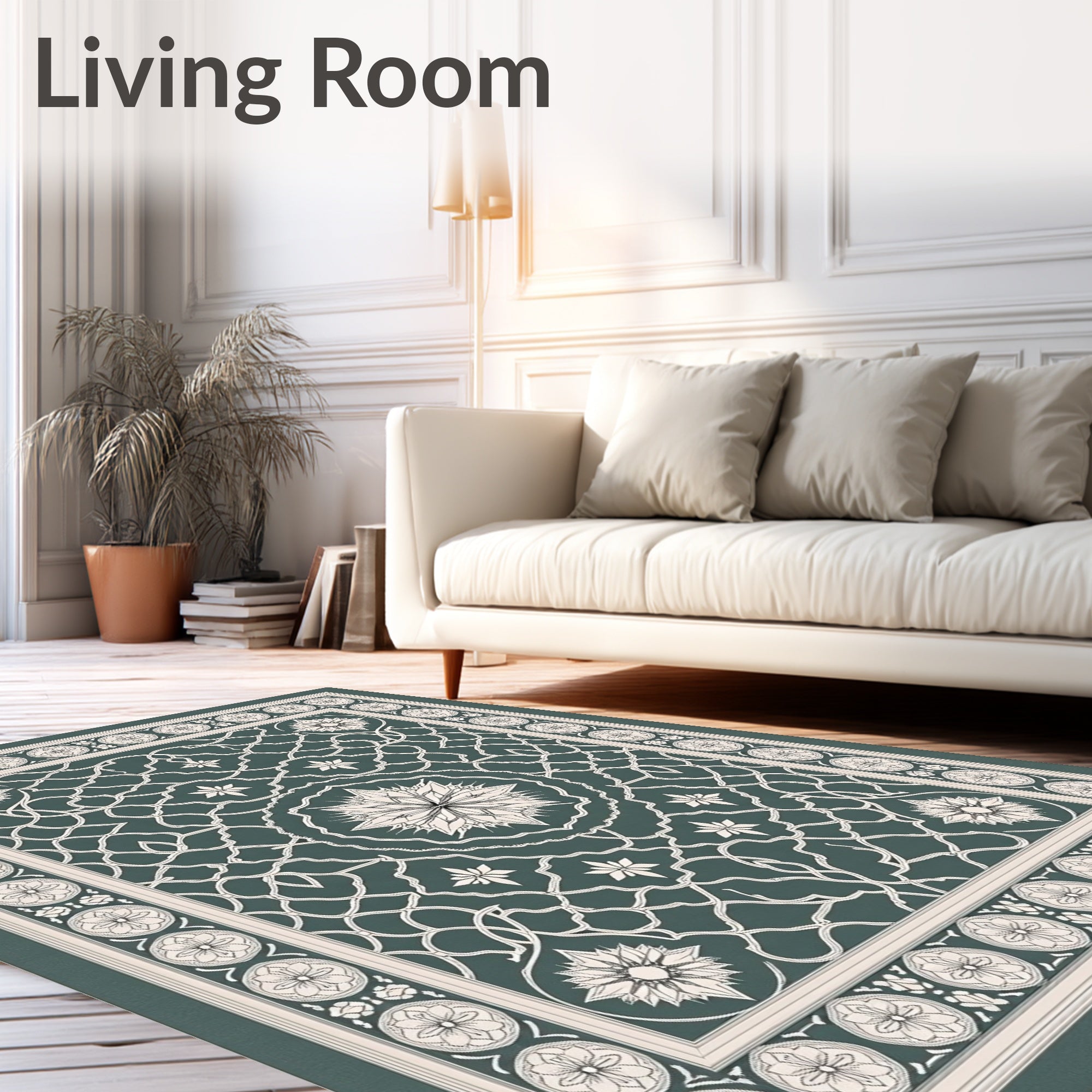 Deep Teal White Floral Arabesque Rug