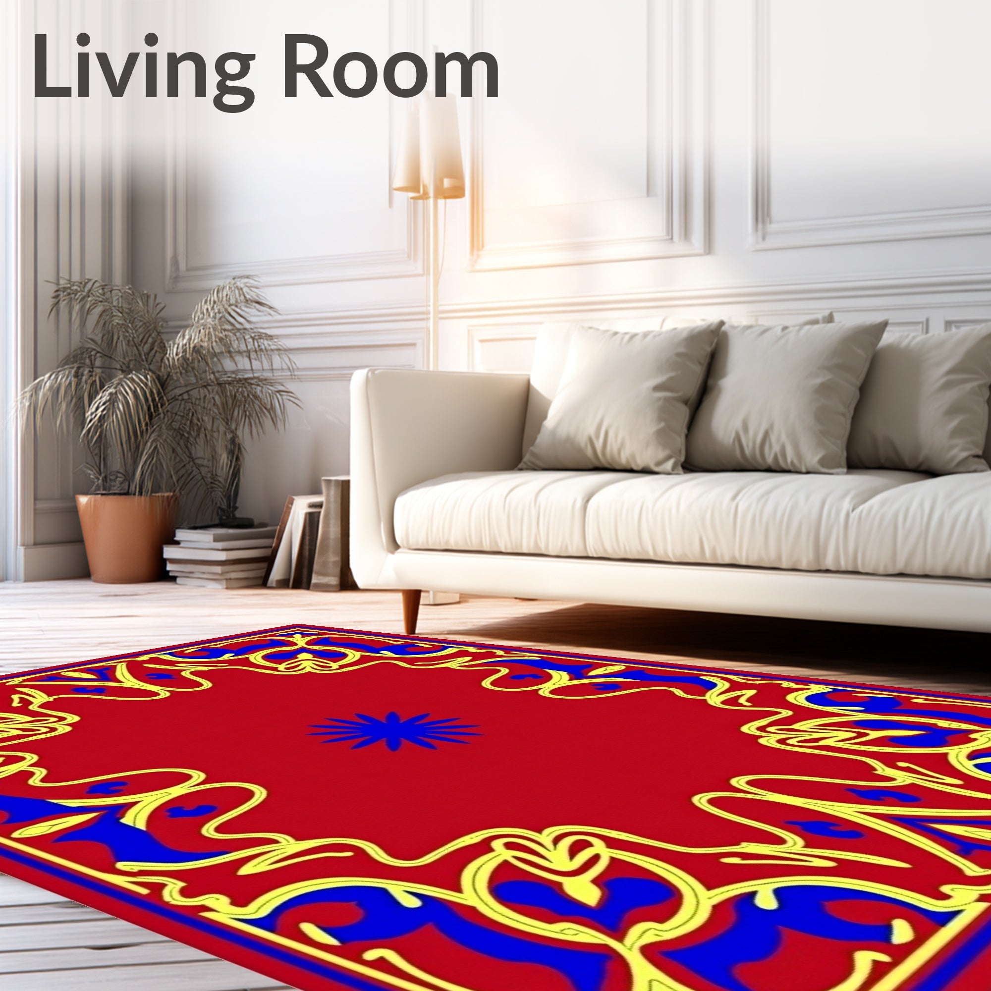 Vibrant Red Blue Yellow Floral Scroll Rug