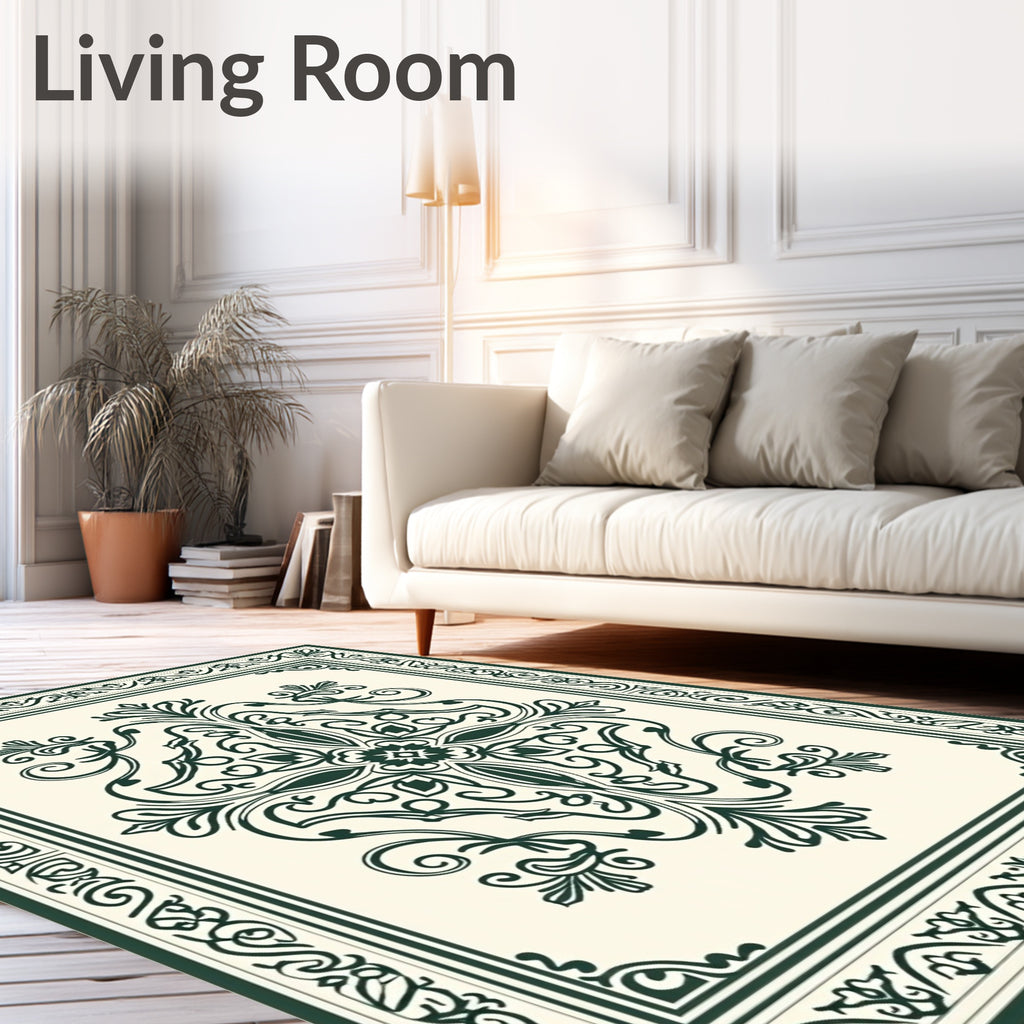 Dark Green Floral Medallion Cream Rug