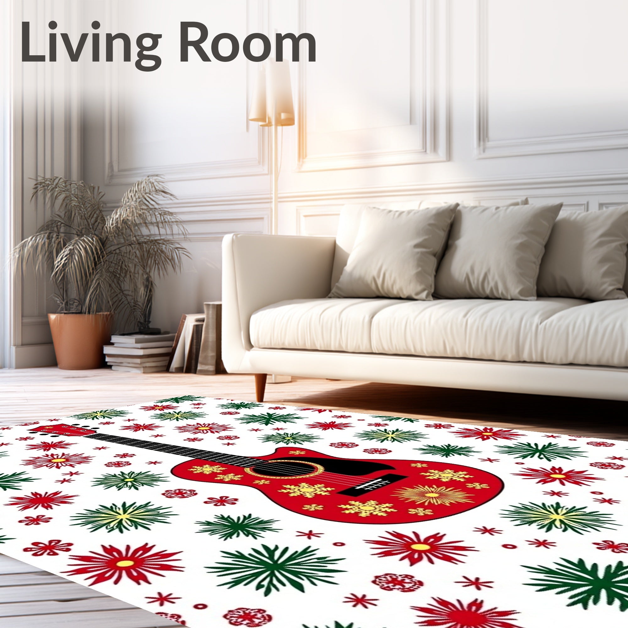 Red Guitar Snowflake Christmas Rug