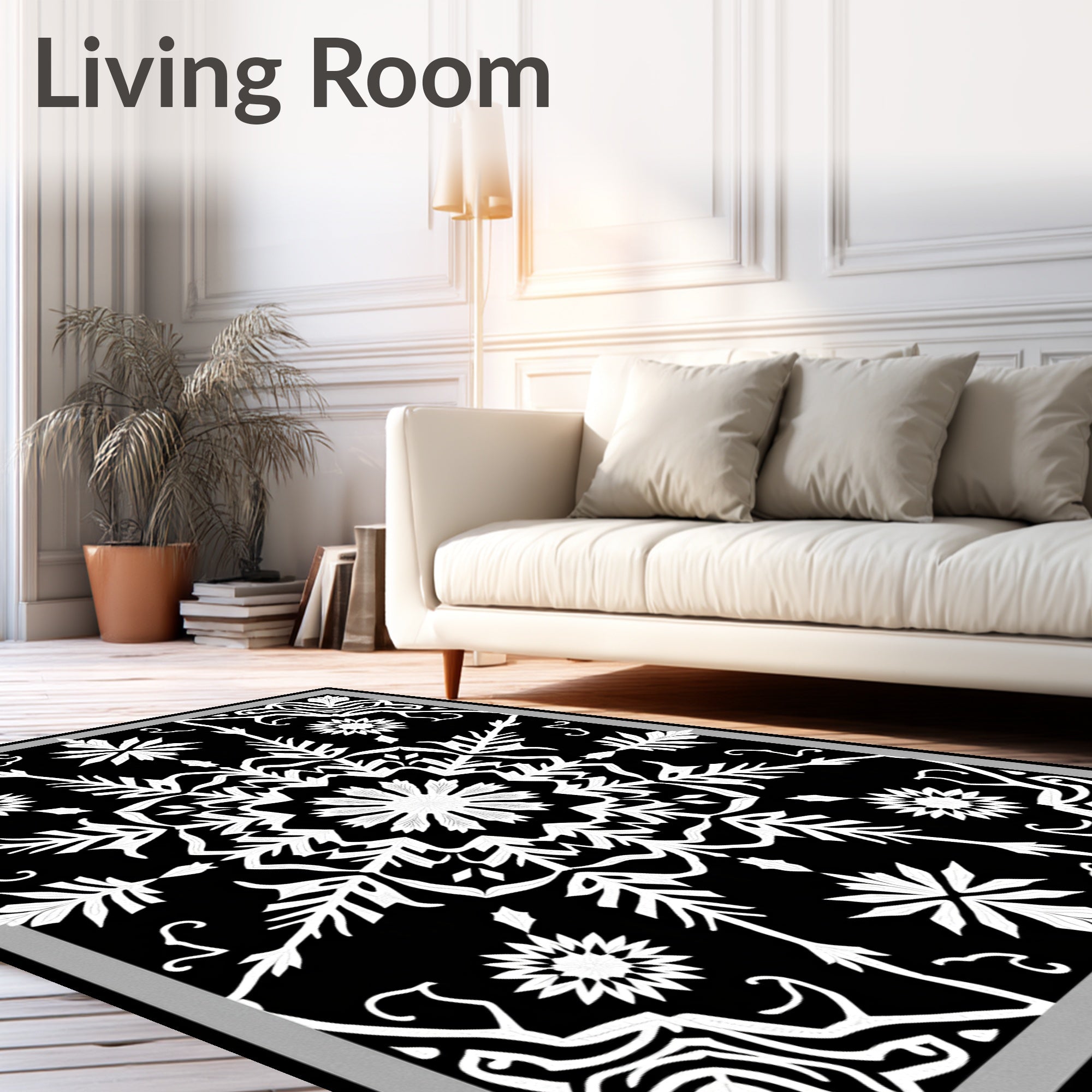 Black White Intricate Floral Medallion Rug