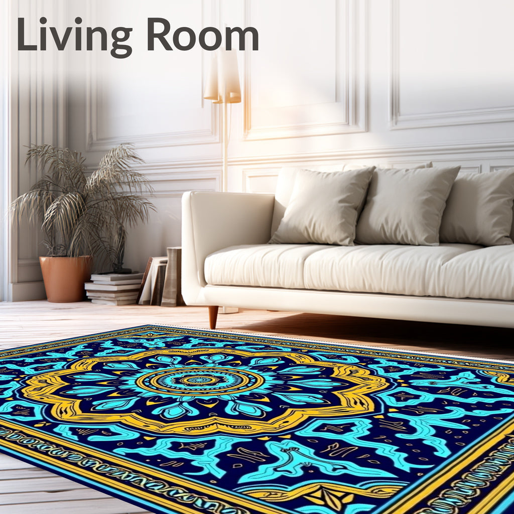 Deep Blue Golden Floral Mandala Rug