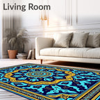 Deep Blue Golden Floral Mandala Rug