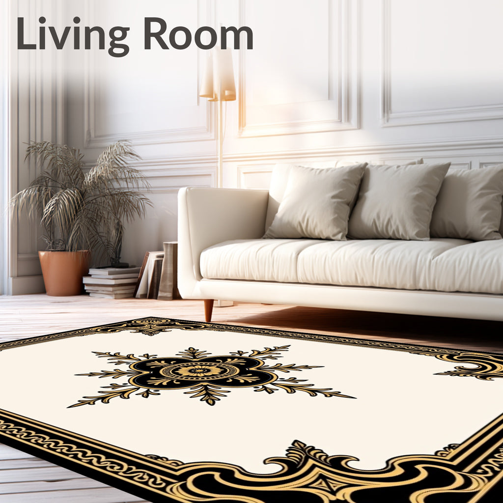 Ornate Gold Black Floral Medallion Rug