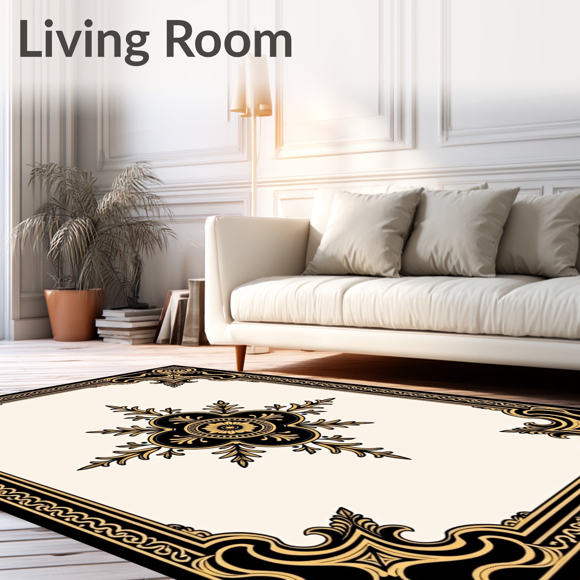 Ornate Gold Black Floral Medallion Rug