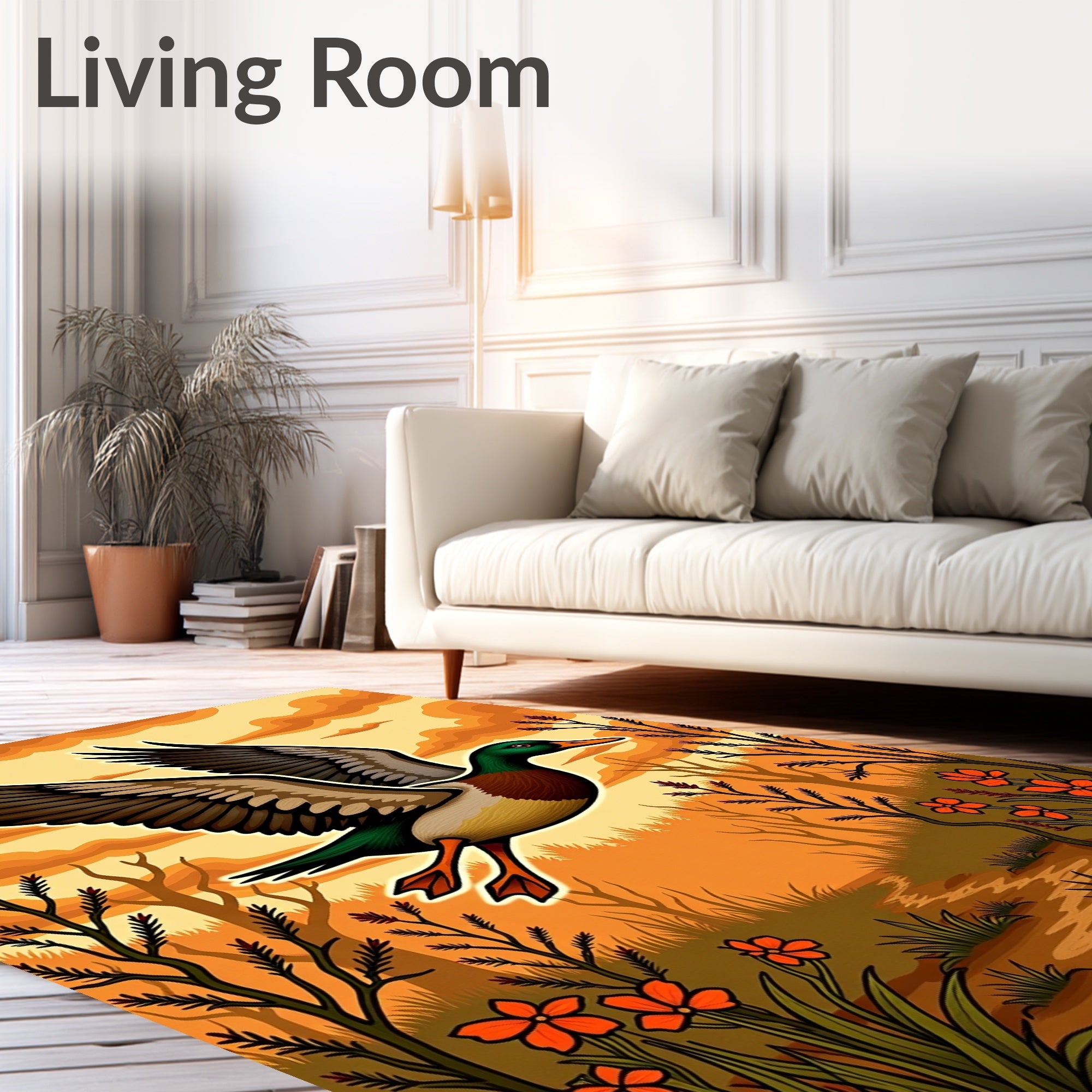 Flying Duck With Orange Sky and Flowers Rug