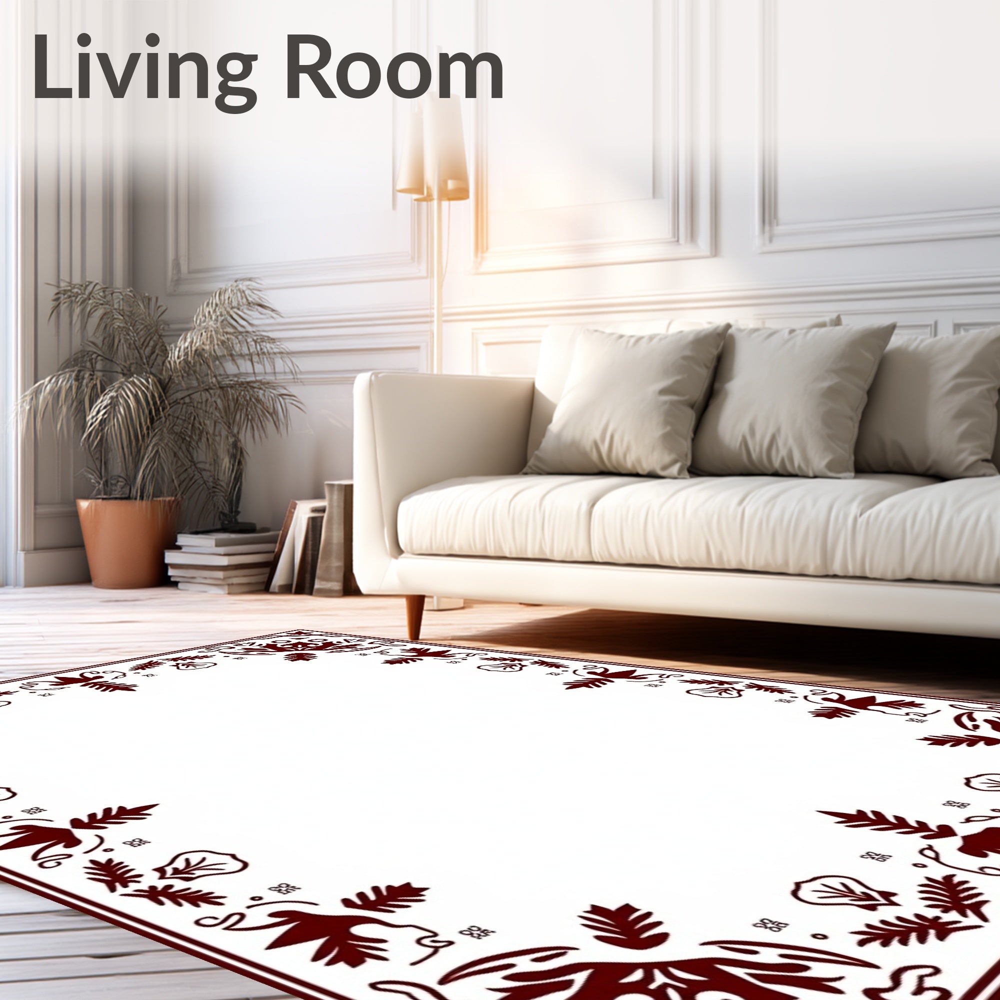Deep Maroon Ornate Floral Border Rug