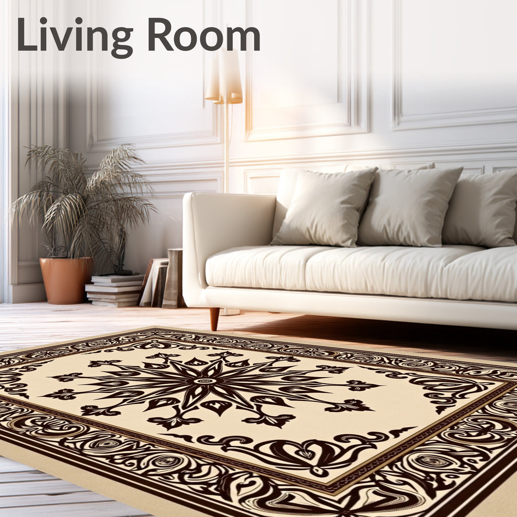 Ornate Brown Floral Starburst Border Rug
