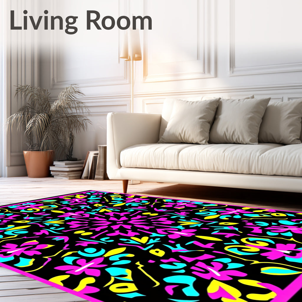 Vibrant Pink Cyan Yellow Floral Mandala Rug