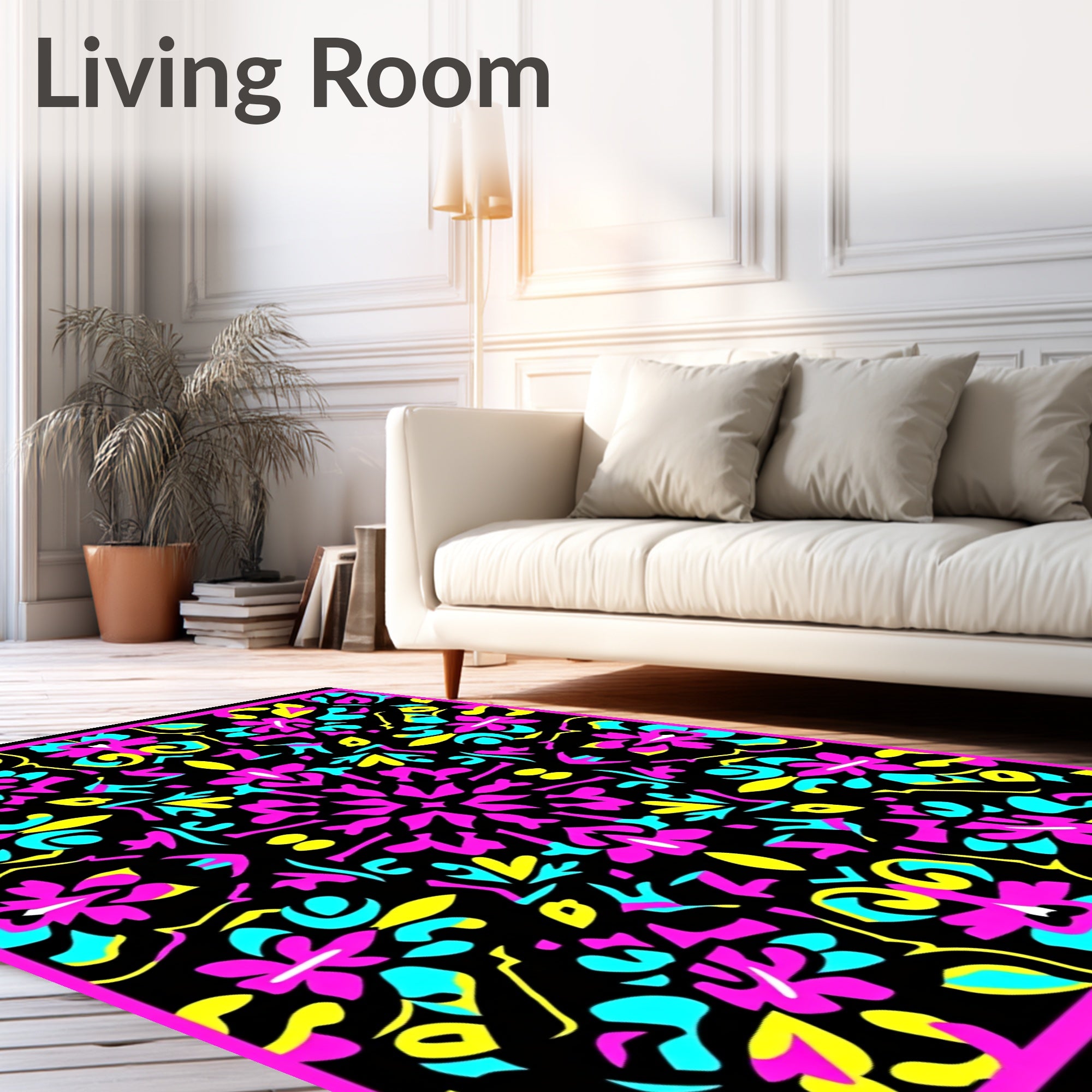 Vibrant Pink Cyan Yellow Floral Mandala Rug