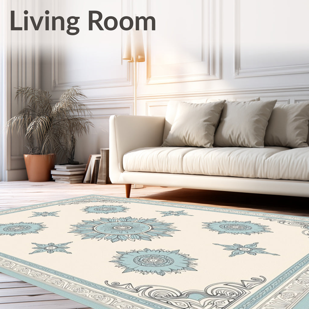 Soft Blue Medallion Cornered Cream Rug