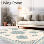Soft Blue Medallion Cornered Cream Rug
