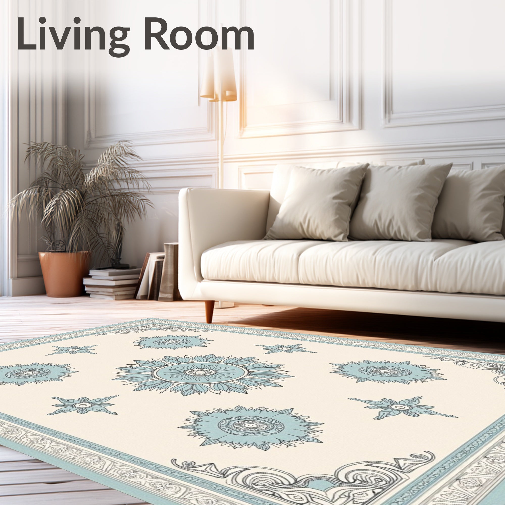 Soft Blue Medallion Cornered Cream Rug