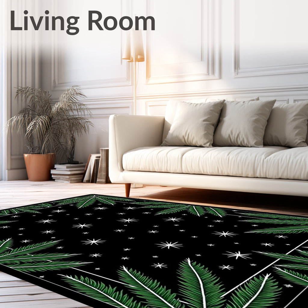 Green Frond Black Starry Night Rug