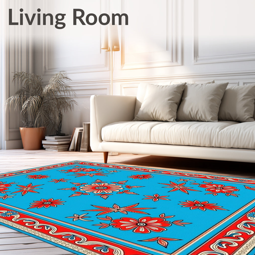 Bold Red Floral Medallion Blue Rug