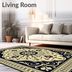 Golden Navy Floral Medallion Rug
