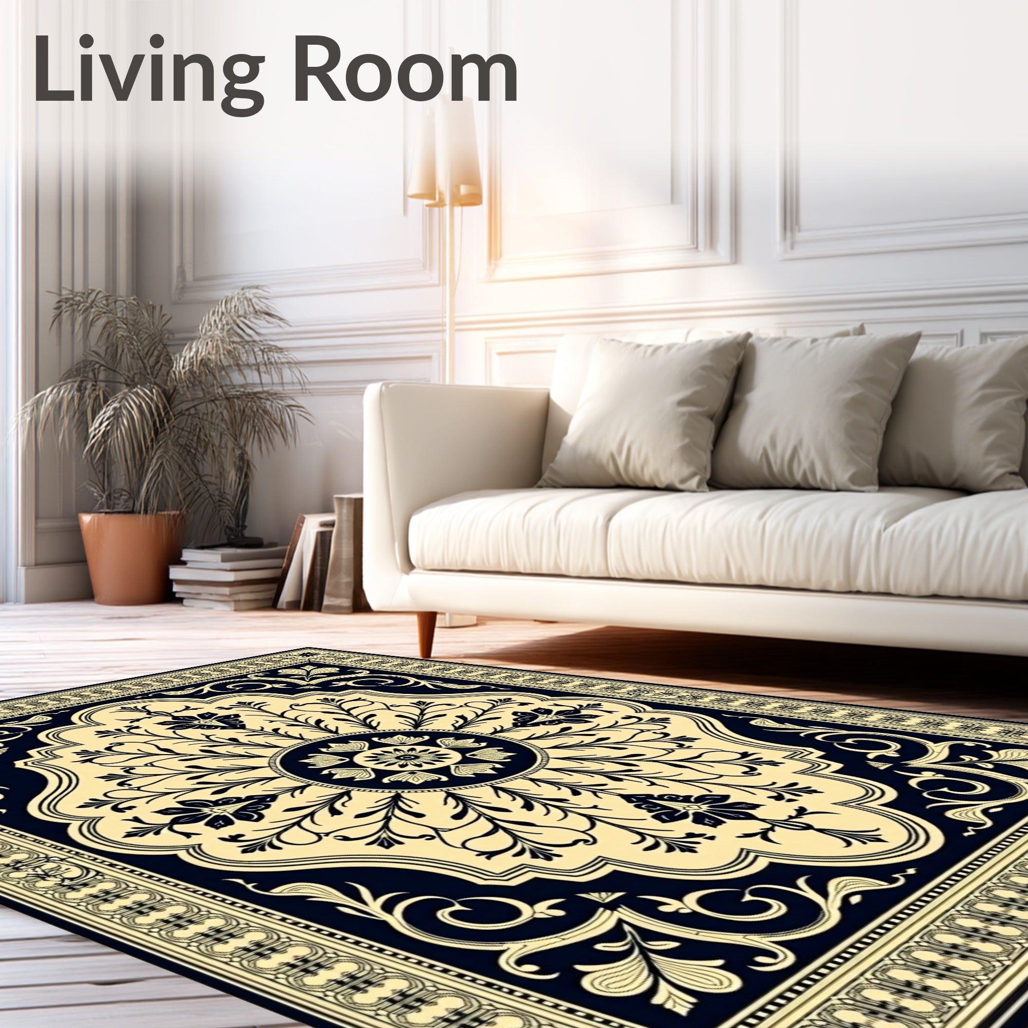 Golden Navy Floral Medallion Rug
