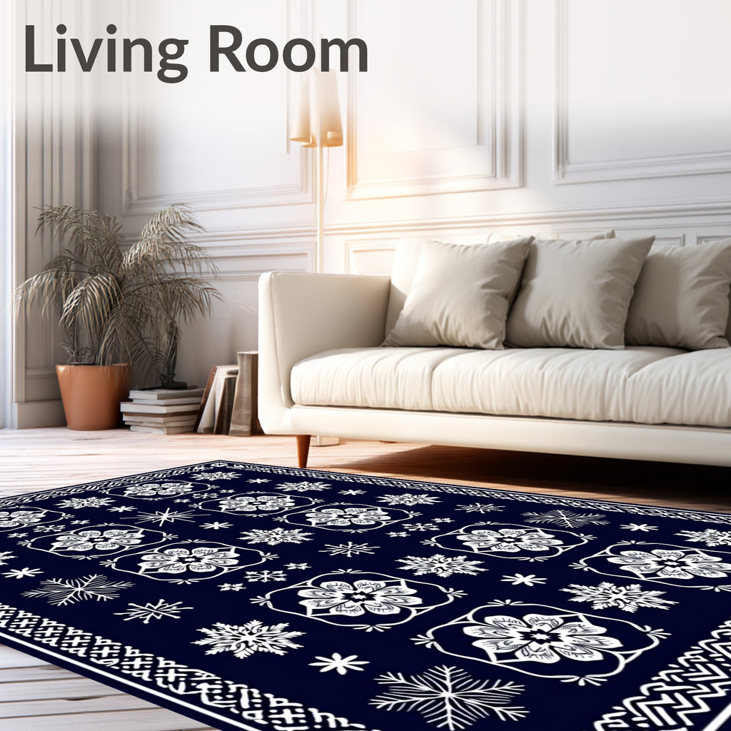 Deep Blue White Floral Snowflake Harmony Rug