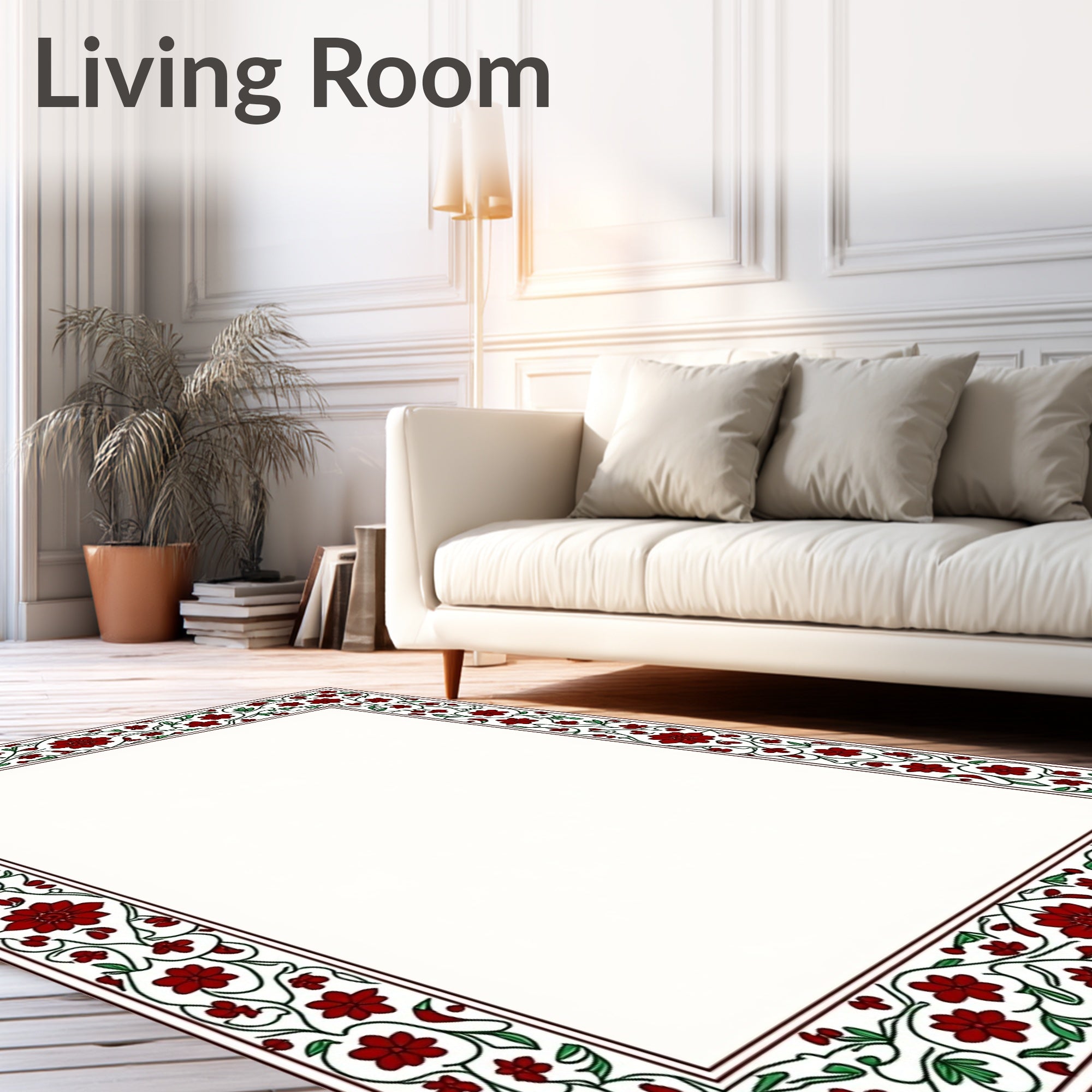 Deep Red Floral Vine Border Rug