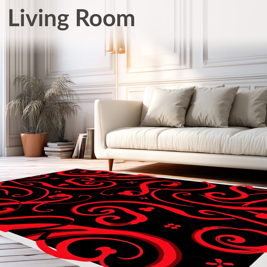 Crimson Swirls on Black Background Rug